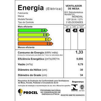 VENTILADOR DE MESA 30CM VSP-30-W 220V - 6 PAS - BRANCO - UN - MONDIAL