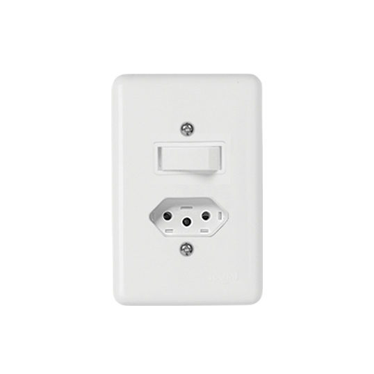 INTERRUPTOR 1 TECLA SIMPLES + TOMADA FIXA DE EMBUTIR 2P + T 10A 250V STYLUS ILUMI REF: 20200