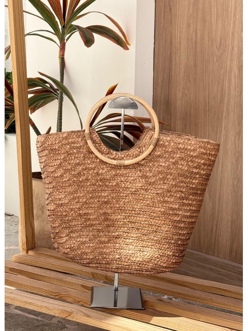 BOLSA ESTRUTURA EM PALHA MARROM ALÇAS ARGOLAS