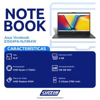 NOTEBOOK 15.6" VIVOBOOK GO 15 R3-7320U/4GB/128GBSSD/W11 - PRETO - UN - ASUS