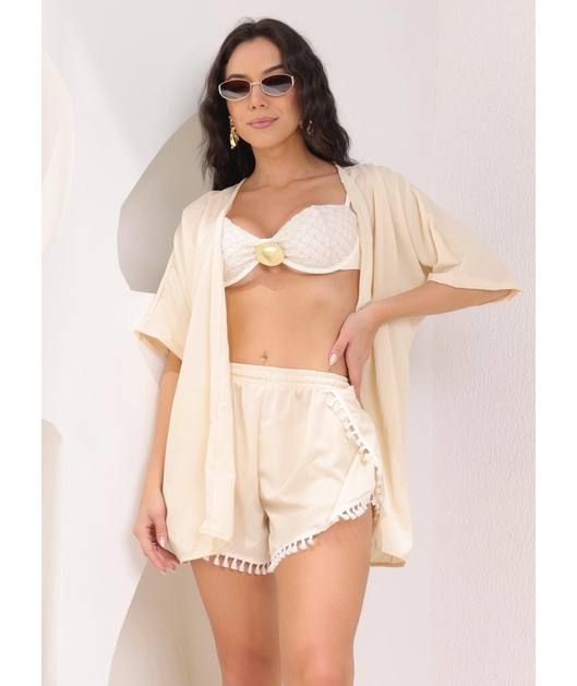 SAÍDA DE PRAIA KIMONO COM SHORT DE FRANJA NUDE COLEÇÃO BÚZIOS