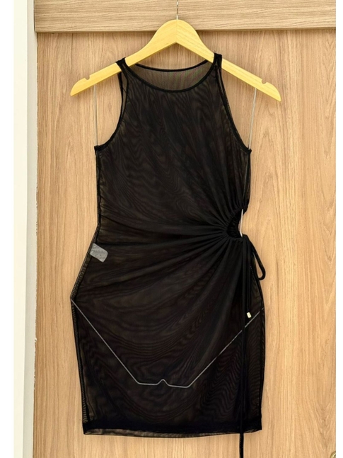 SAÍDA DE PRAIA DRESS FRANZIDO LATERAL NO TULE PRETA