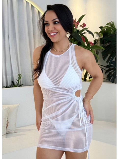 SAÍDA DE PRAIA DRESS FRANZIDO TULE EM LISTRA OFF WHITE