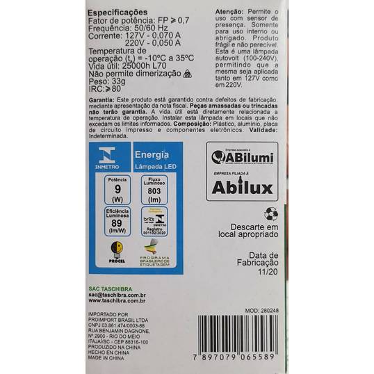 LÂMPADA LED COMPACTA TASCHIBRA LUZ BRANCA 6500K TKL 60 - 9W BIVOLT