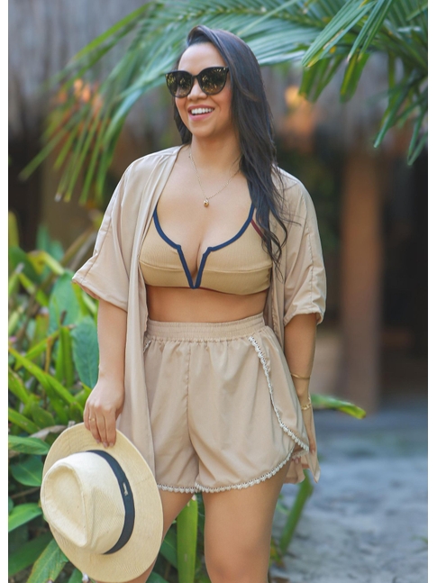 SAÍDA DE PRAIA KIMONO COM SHORT COR AREIA COLEÇÃO TRANCOSO