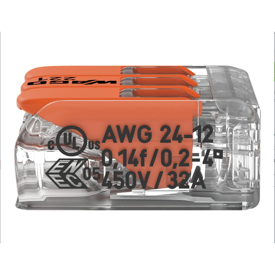 CONECTORES DE EMENDA PARA FIOS WAGO INLINE COM ALAVANCA Ref: 221-413