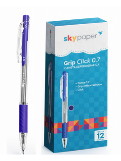 CANETA ESFER. C/GRIP CLICK 0,7MM - SK0417 - AZUL - CX 12 - SKYPAPER