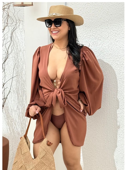 SAÍDA DE PRAIA MANGAS BUFANTES NA SEDINHA MARROM COLEÇÃO CAPPUCCINO 0210