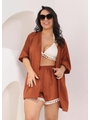 SAÍDA DE PRAIA KIMONO COM SHORT DE FRANJA MARROM COLEÇÃO BÚZIOS - 1