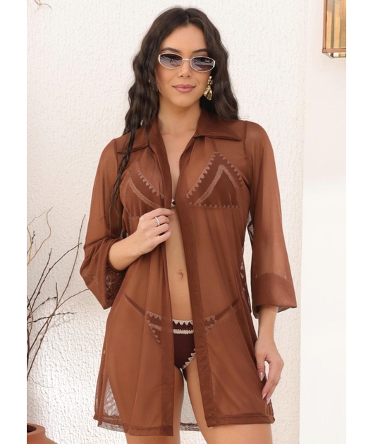 SAÍDA DE PRAIA CAMISA NO TULE MARROM COLEÇÃO PÉ NA AREIA