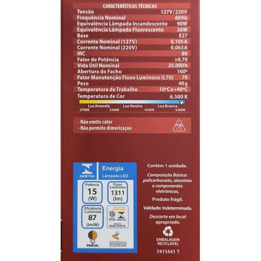 LÂMPADA LED 6500 K LORENZETTI 15 W BIVOLT