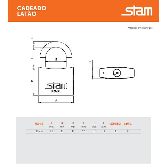 CADEADO LATÃO TRADICIONAL STAM 20 MM