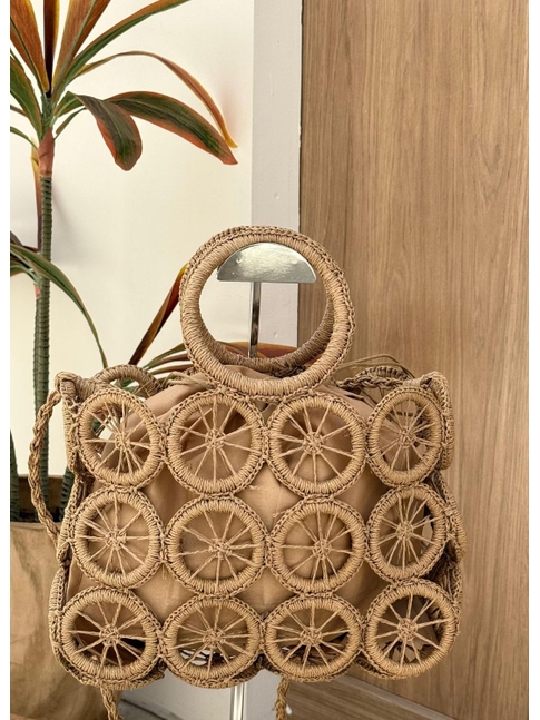 BOLSA DE PALHA CIRCULAR SAQUINHO BEGE