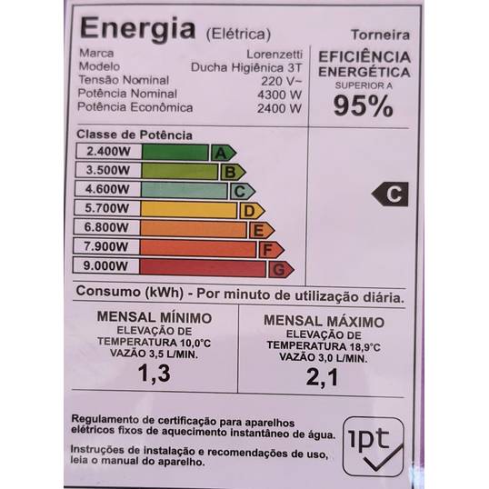 DUCHA HIGIÊNICA 3 TEMPERATURAS LORENZETTI 220 V 4300 W