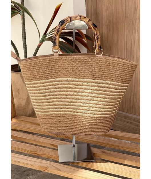 BOLSA DE PALHA COM ALÇA DE BAMBU BEGE E LISTRAS CLARA