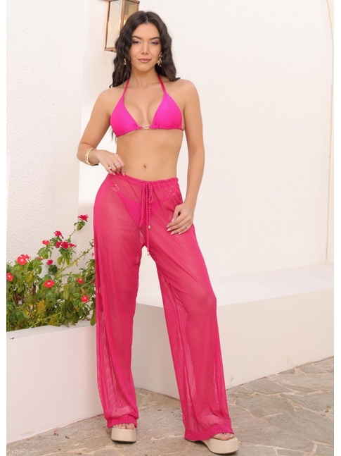 SAÍDA DE PRAIA CALÇA NO TULE EM LISTRAS ROSA COLEÇÃO SUNSET