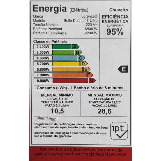 CHUVEIRO ELÉTRICO BELLA DUCHA 4 TEMPERARURAS LORENZETTI 220 V 6800 W