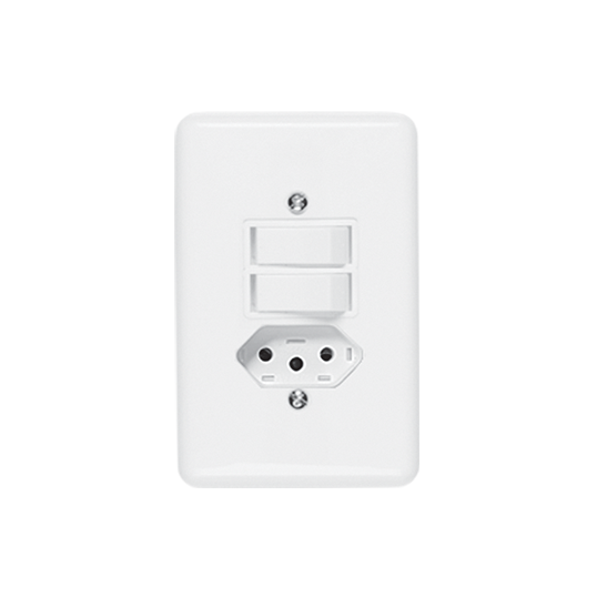 INTERRUPTOR 2 TECLAS SIMPLES + TOMADA FIXA DE EMBUTIR 2P + T 20A 250V STYLUS ILUMI REF: 20211