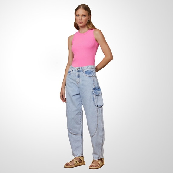CALÇA JEANS FEMININA SLOUCHY RECORTES BOLSO CARGO ANIMALE