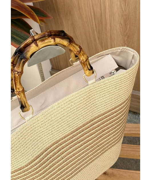 BOLSA DE PALHA COM ALÇA DE BAMBU LISTRAS NATURAL