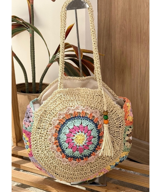 BOLSA DE PRAIA CROCHÊ MANDALA COLORIDA