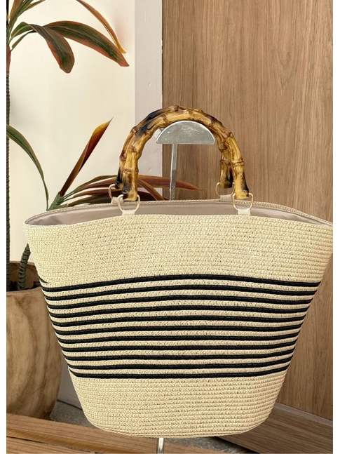 BOLSA DE PALHA COM ALÇA DE BAMBU NATURAL E LISTRAS PRETA