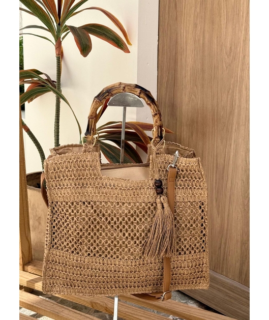 BOLSA RETANGULAR PALHA TRAMADO VAZADO COM ALÇA DE BAMBU