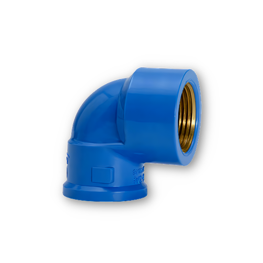 JOELHO DE PVC AZUL SOLDÁVEL COM BUCHA DE LATÃO 90 AMANCO 32 MM x 3/4