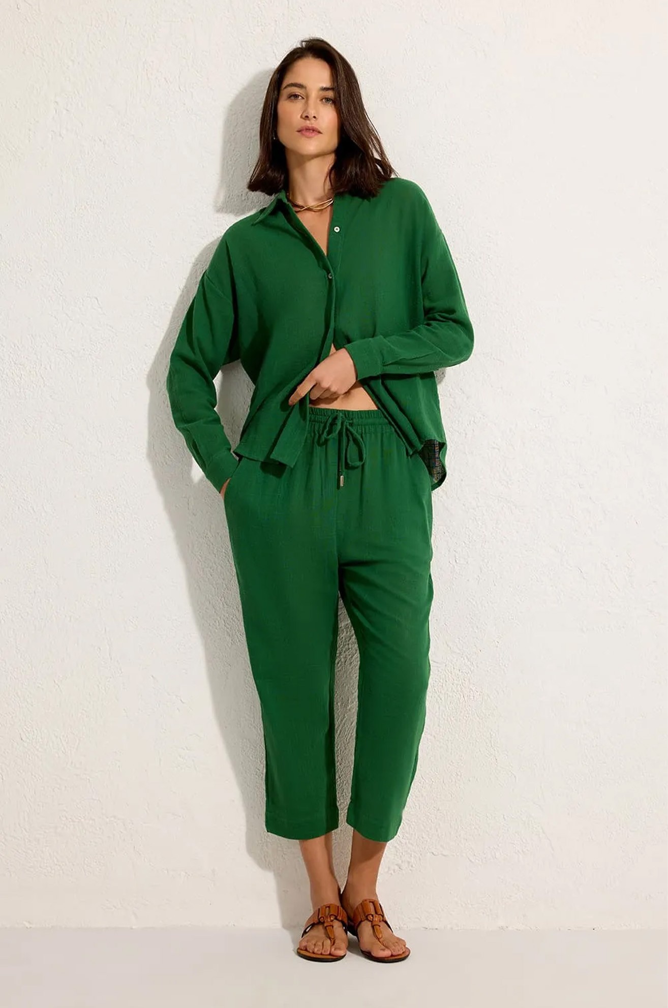 CALÇA EASY ALGODAO TEXTURA VERDE INHOTIM