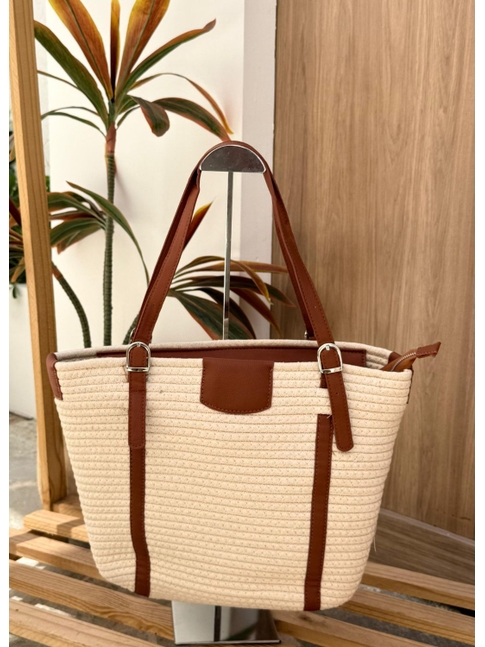 BOLSA ESTRUTURADA OFF WHITE COM ALÇA MARROM