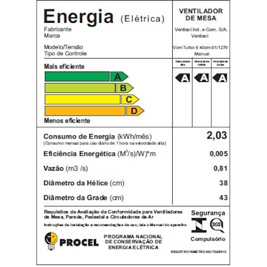 VENTILADOR DE MESA VENTISOL TURBO 6 40 CM PRETO 127 V