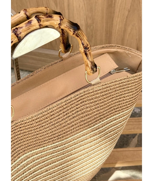 BOLSA DE PALHA COM ALÇA DE BAMBU BEGE E LISTRAS CLARA