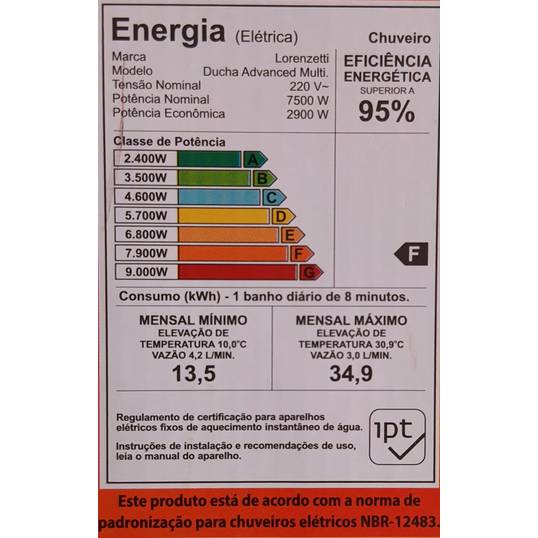 CHUVEIRO ELÉTRICO ADVANCED MULTITEMPERATURAS LORENZETTI 220 V 7500 W
