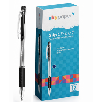 CANETA ESFER. C/GRIP CLICK 0,7MM - SK0418 - PRETO - CX 12 - SKYPAPER