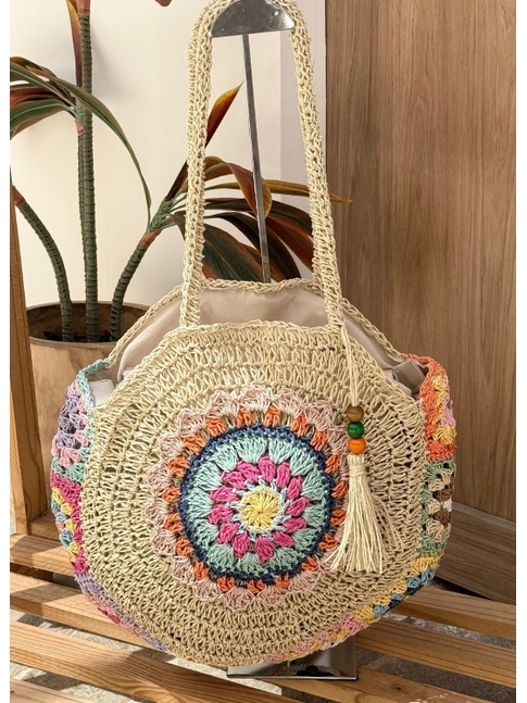 BOLSA DE PRAIA CROCHÊ MANDALA COLORIDA