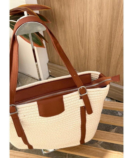 BOLSA ESTRUTURADA OFF WHITE COM ALÇA MARROM