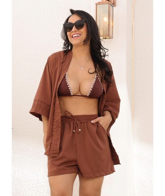 SAÍDA DE PRAIA CONJUNTO KIMONO COM SHORT MARROM COLEÇÃO PÉ NA AREIA