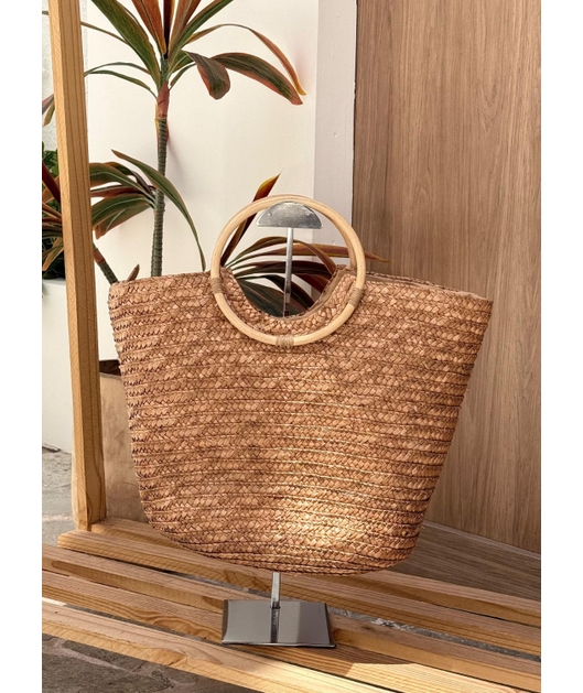 BOLSA ESTRUTURA EM PALHA MARROM ALÇAS ARGOLAS