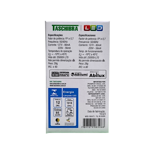 LÂMPADA LED COMPACTA TASCHIBRA LUZ BRANCA 6500K TKL 80 - 12W BIVOLT
