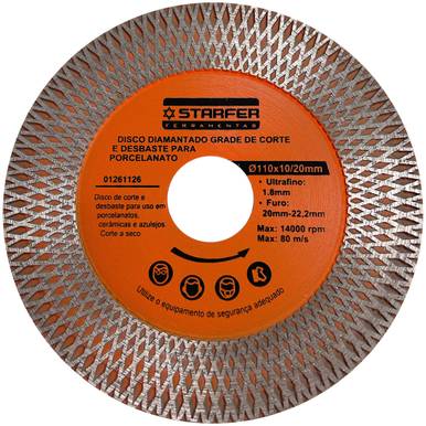DISCO DIAMANTADO GRADEADO PARA CORTE E DESBASTE DE PORCELANATO 110 X 22 MM STARFER