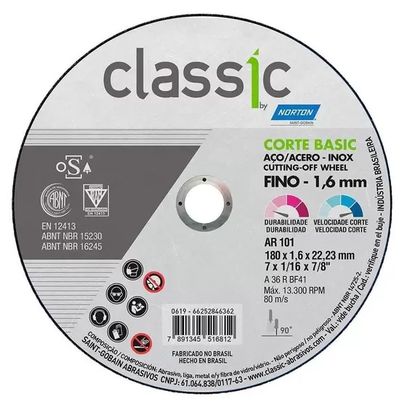 DISCO CORTE MET BASIC AR101 NORTON 7(180x1,6x22mm)