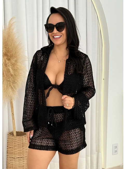 SAÍDA DE PRAIA CONJUNTO NO CROCHÊ PRETO COLEÇÃO BRISA 3114