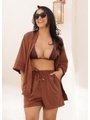 SAÍDA DE PRAIA CONJUNTO KIMONO COM SHORT MARROM COLEÇÃO PÉ NA AREIA - 1
