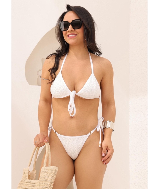 BIQUÍNI TOP AMARRAÇÃO FRONTAL CALCINHA DE AMARRAR BRANCO COLEÇÃO LUAL COMBVAN536