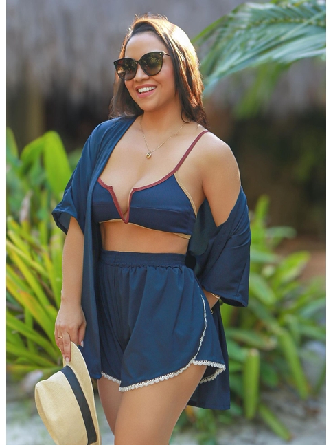 SAÍDA DE PRAIA KIMONO COM SHORT AZUL MARINHO COLEÇÃO TRANCOSO