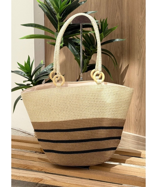 BOLSA LISTRADA COM ALÇA DE CORDA CARAMELO COM PRETA