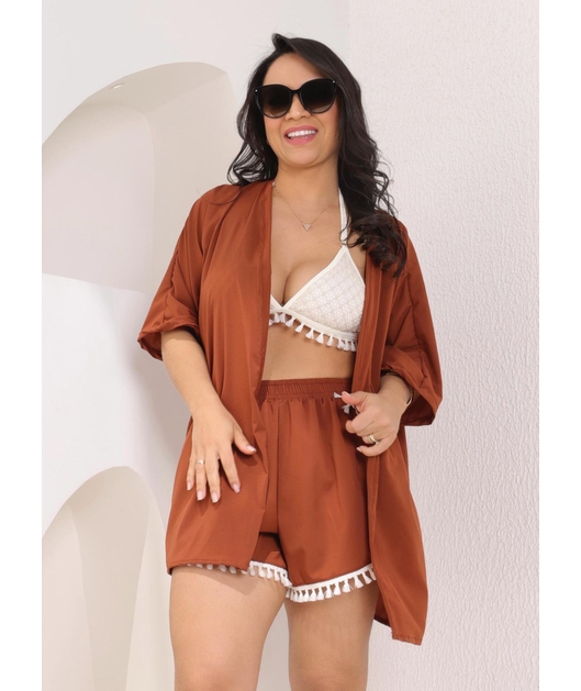 SAÍDA DE PRAIA KIMONO COM SHORT DE FRANJA MARROM COLEÇÃO BÚZIOS