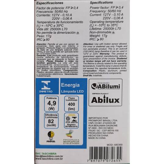 LÂMPADA LED COMPACTA TASCHIBRA LUZ AMARELA 3000K TKL 30 - 4,9W BIVOLT