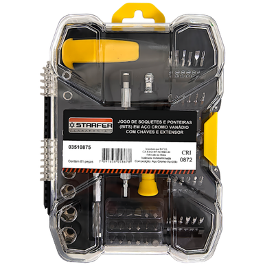 JOGO DE SOQUETES E PONTEIRAS EM AÇO CROMO VANÁDIO COM CHAVES E EXTENSOR STARFER