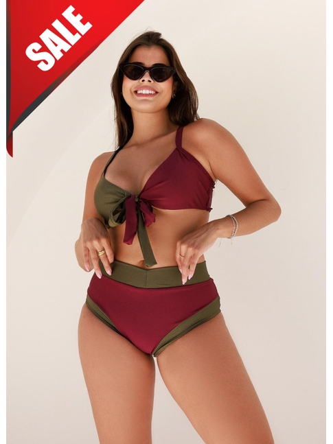 BIQUÍNI TRILOBAL COLEÇÃO GRINGA TOP AMARRAÇÃO CALCINHA SUNKINI MARSALA COM VERDE